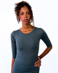 Front view of the 3/4 sleeve dark gray t-shirt, offering a modern and tailored silhouette in eco-friendly fabric